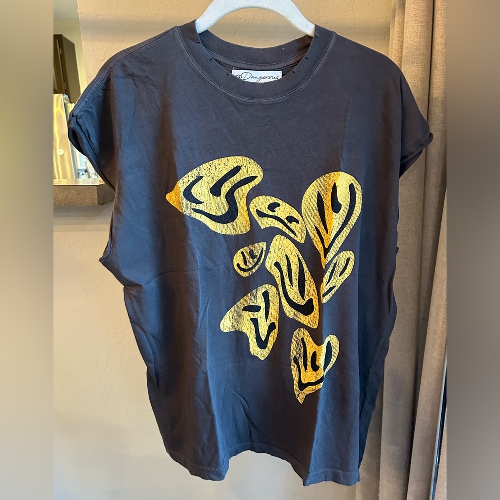 Girl Dangerous Dark Grey Short Sleeve Tee with Yellow Smiley Face print